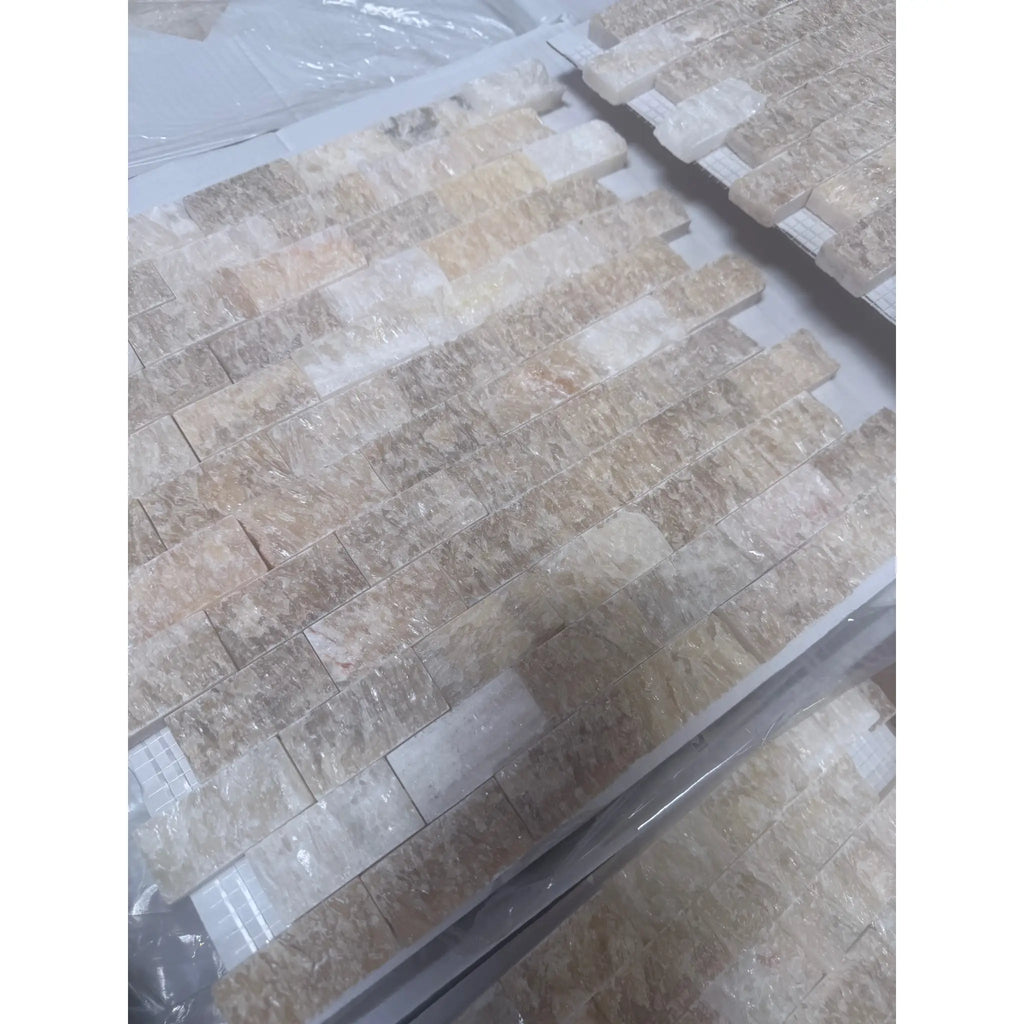 Honey Onyx Giallo Crystal 1x2 brick mosaic split-faced beige cream stone tiles