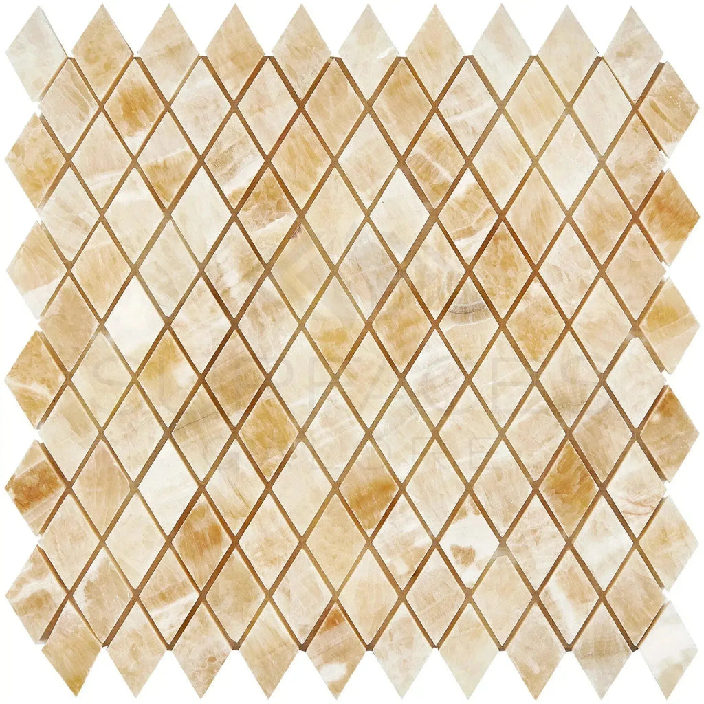 Honey Onyx Giallo Crystal 1X2 Diamond Rhomboid Mosaic Marble Tile Polished Design