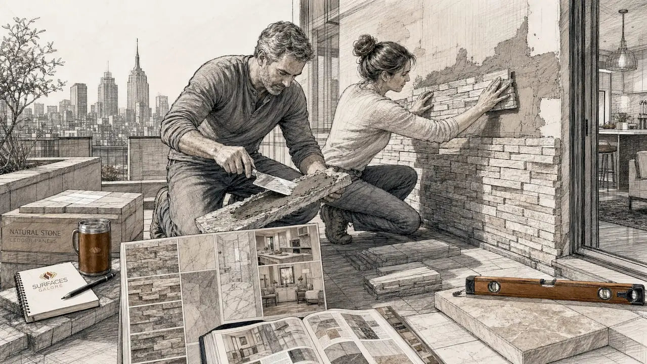 Homeowners installing stacked stone panels outdoors