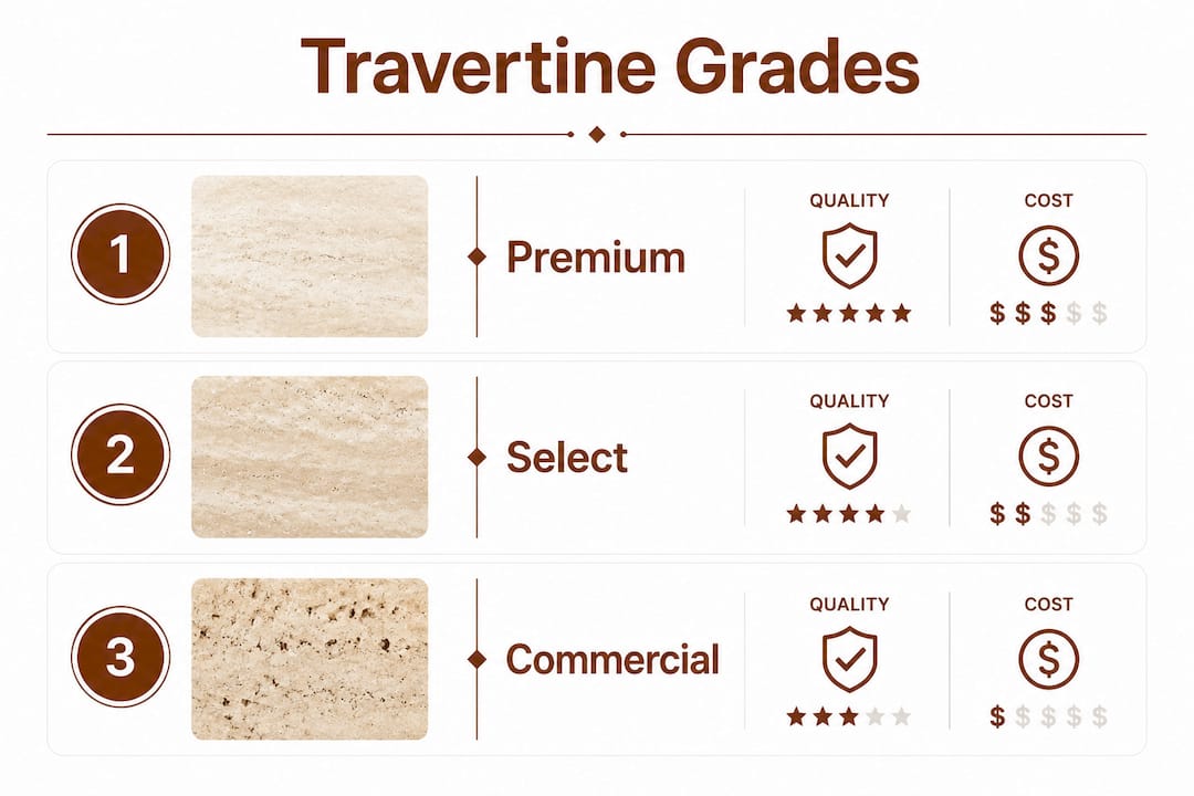 Infographic showing travertine grades with key points
