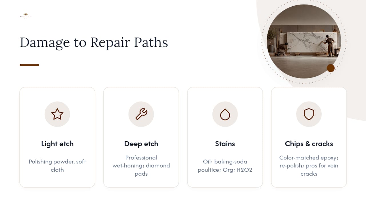 Arabescato marble damage repair pathways