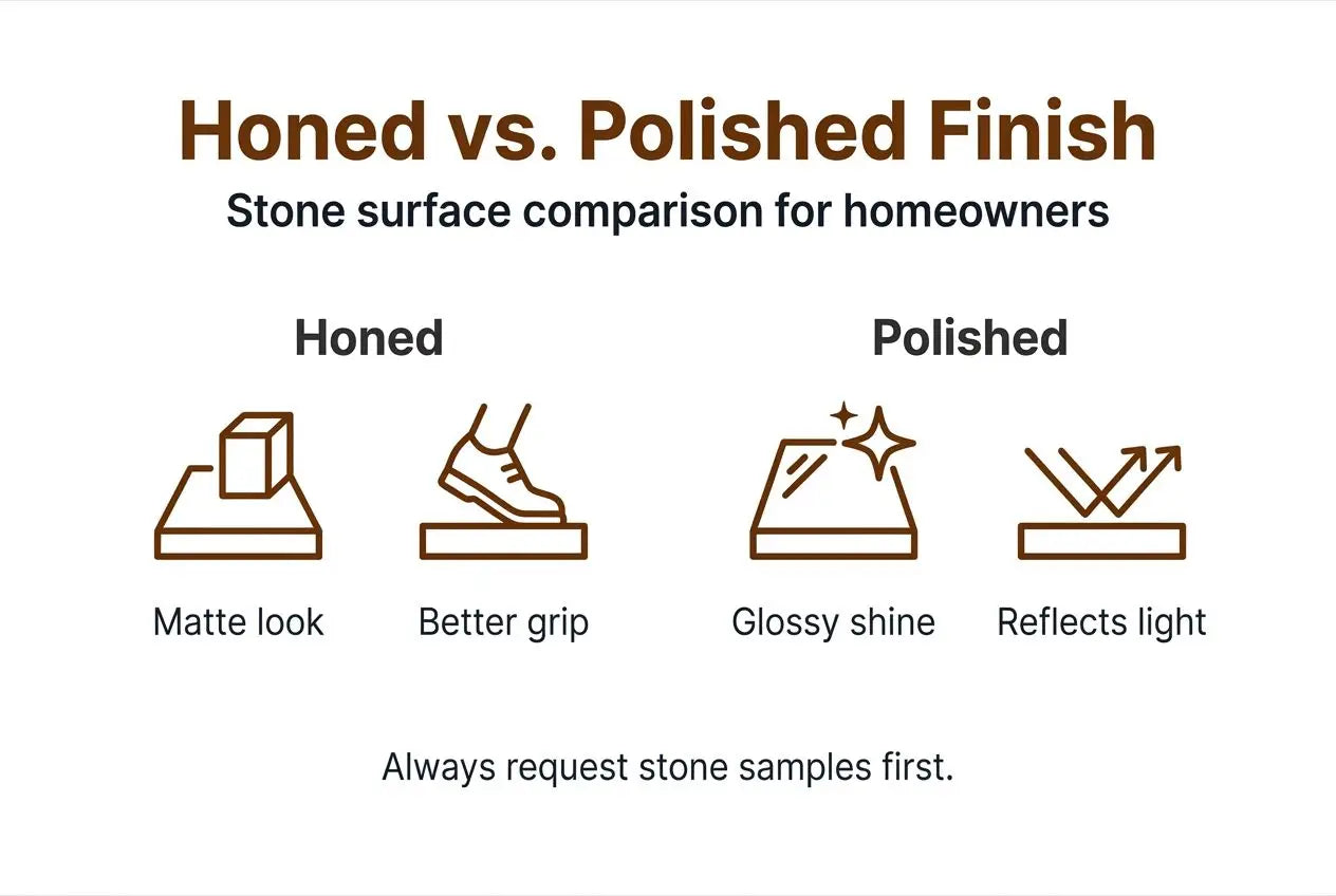 Infographic showing honed and polished stone comparison