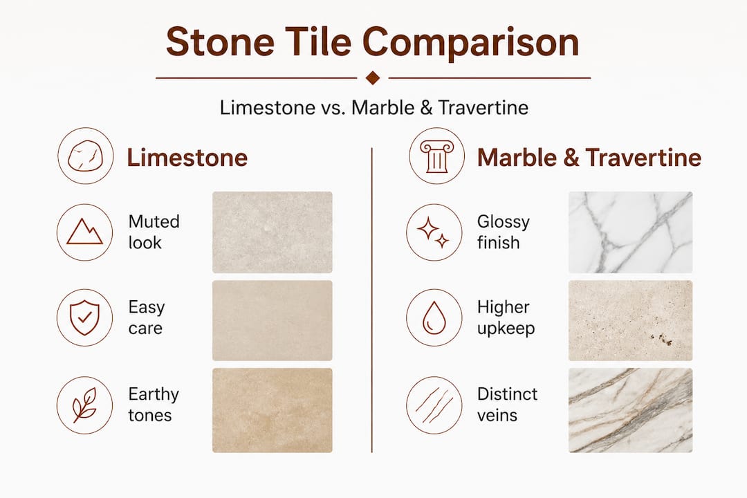Infographic comparing limestone, marble, and travertine