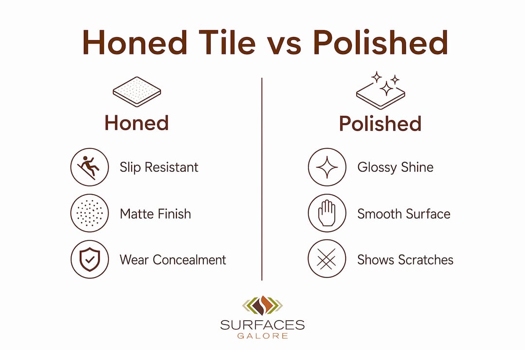 Infographic comparing honed tile and polished tile features