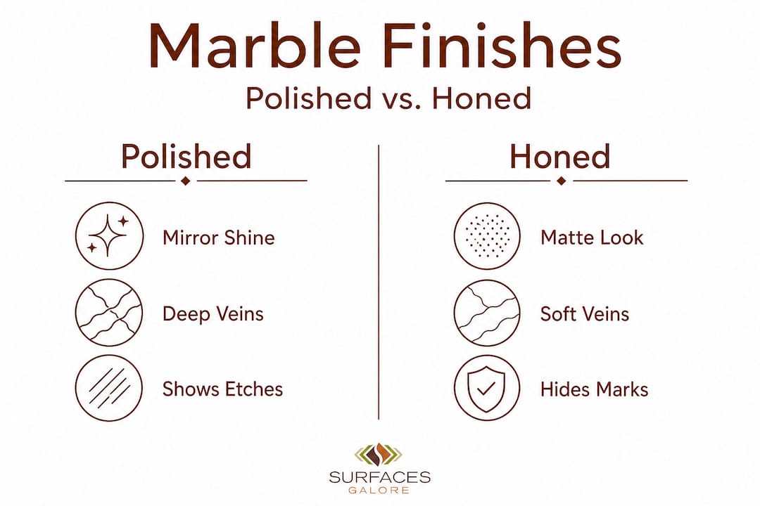 Infographic comparing polished and honed marble finishes
