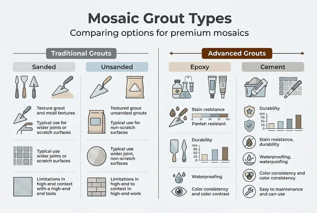 Infographic comparing mosaic grout types