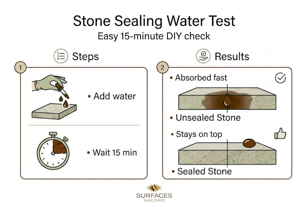 Infographic showing stone sealing DIY water test steps and results