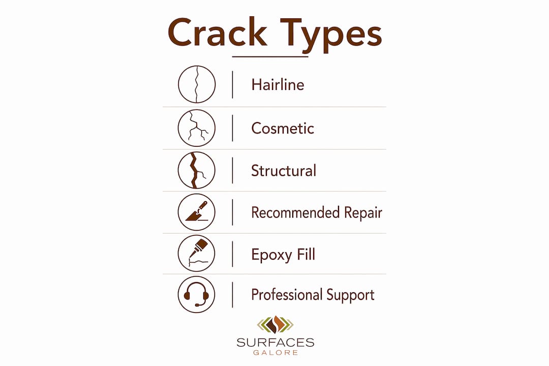 Infographic showing marble crack types and repair recommendations