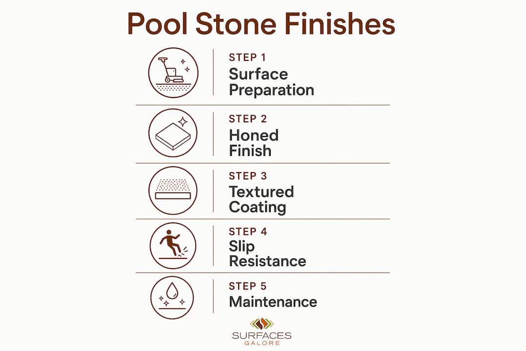 Infographic showing steps for safe pool stone finishes