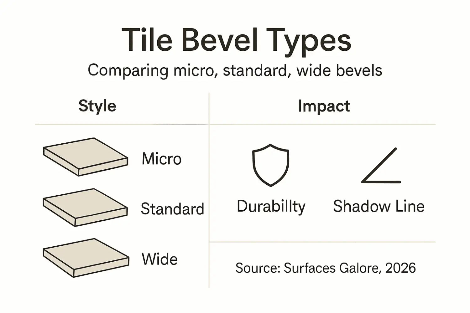 Infographic of marble tile bevel types and effects