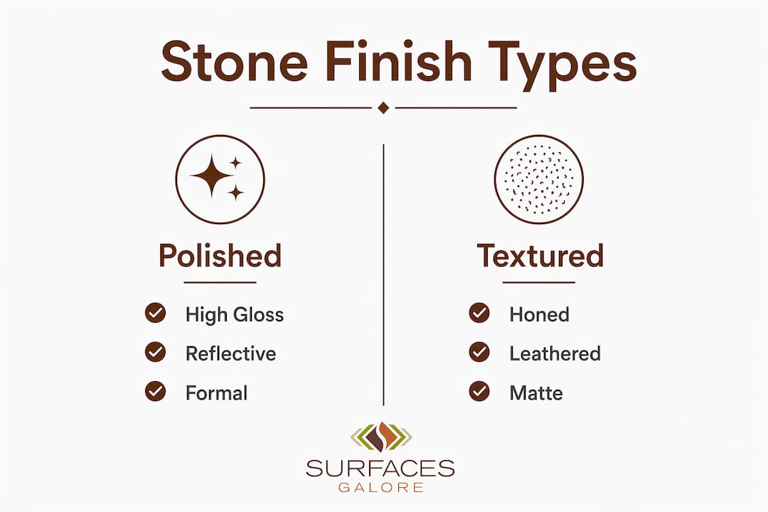 Infographic comparing polished and textured natural stone finishes