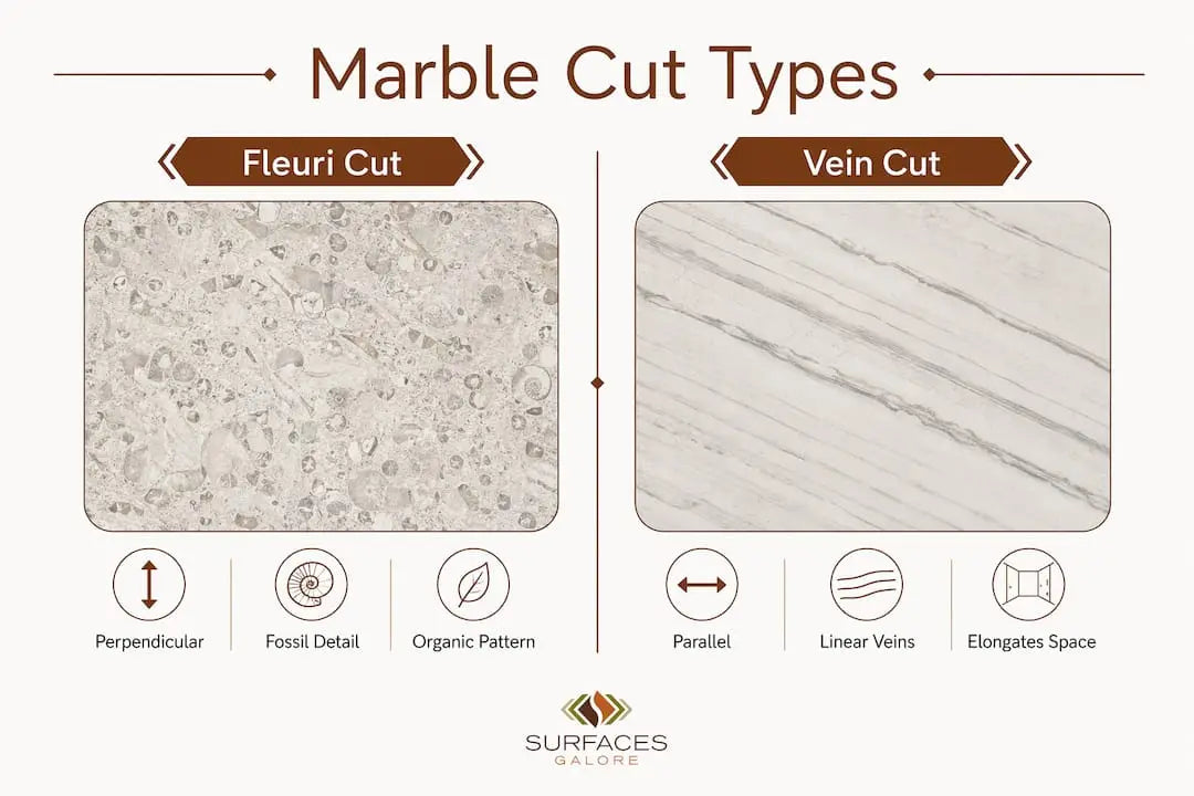 Infographic comparing fleuri cut and vein cut marble