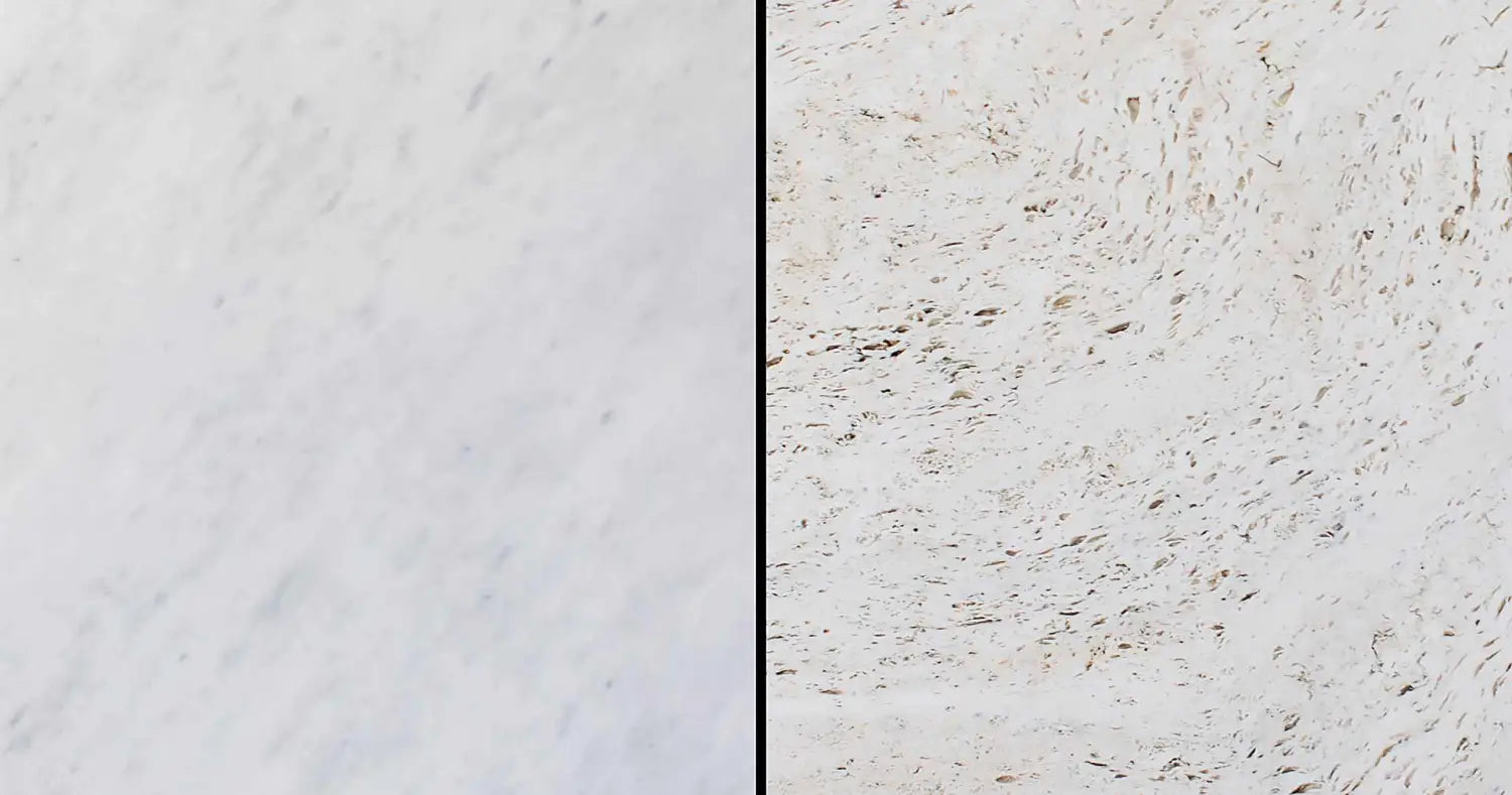 Travertine vs marble: smooth white veined marble left, porous beige travertine right