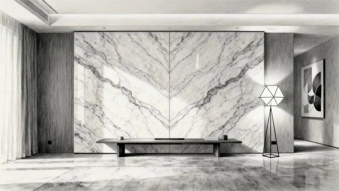 A living room featuring an ornate marble wall