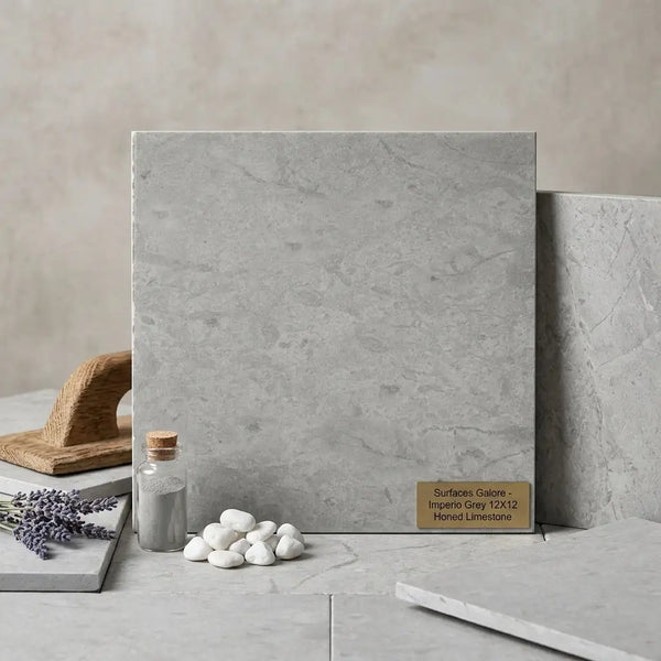 Imperio Grey 12x12 honed limestone tile in soft grey with subtle veining for flooring and wall applications