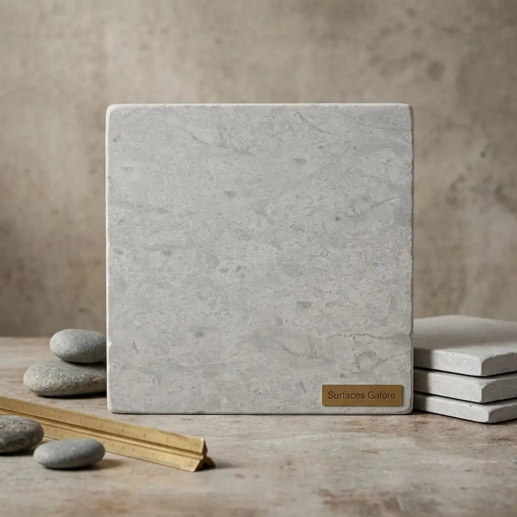 Imperio grey 16x16 limestone antiqued light gray stone coaster with subtle veining and brass plaque surfaces galore