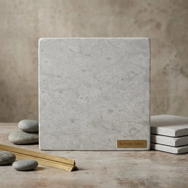 Imperio grey 16x16 limestone antiqued light gray stone coaster with subtle veining and brass plaque surfaces galore