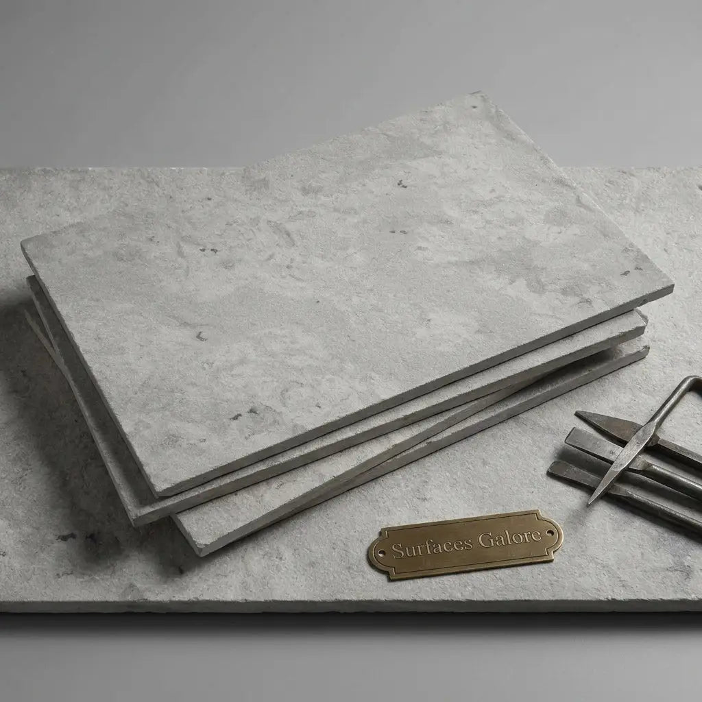 Stack of imperio grey 16x24 limestone antiqued tiles in light gray with textured surface and subtle veining