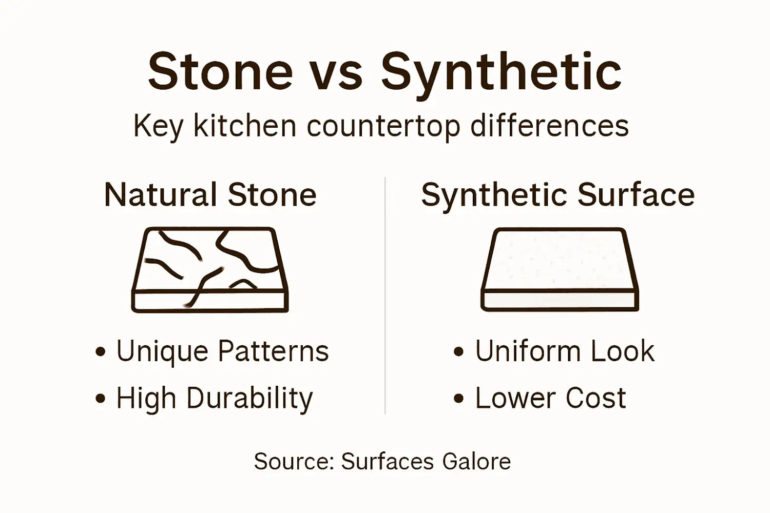 Infographic comparing stone and synthetic countertops