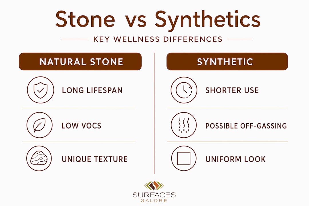Infographic comparing stone and synthetic surfaces