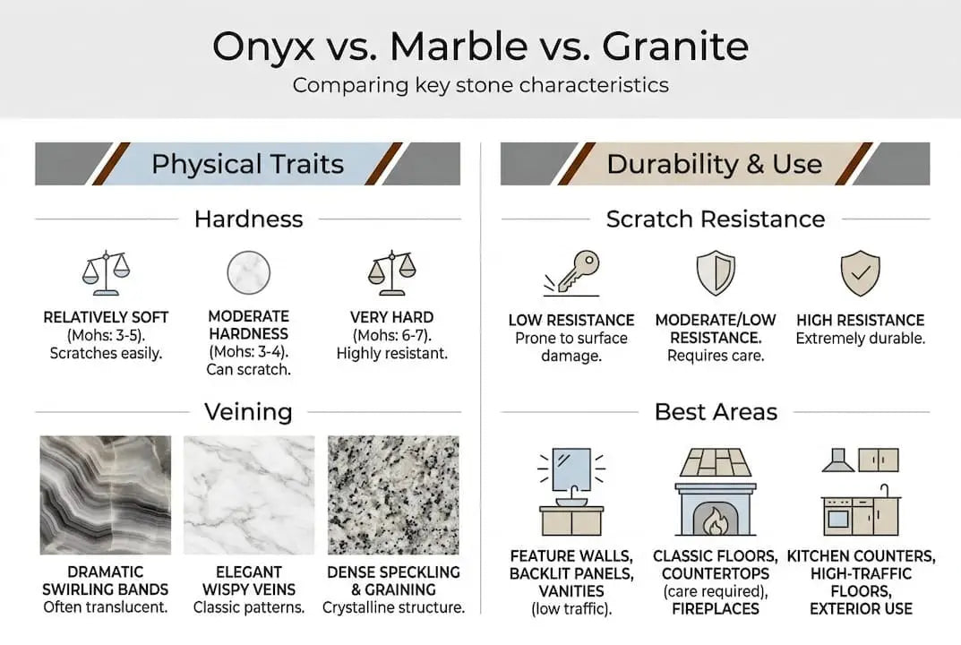 Infographic comparing onyx marble and granite traits