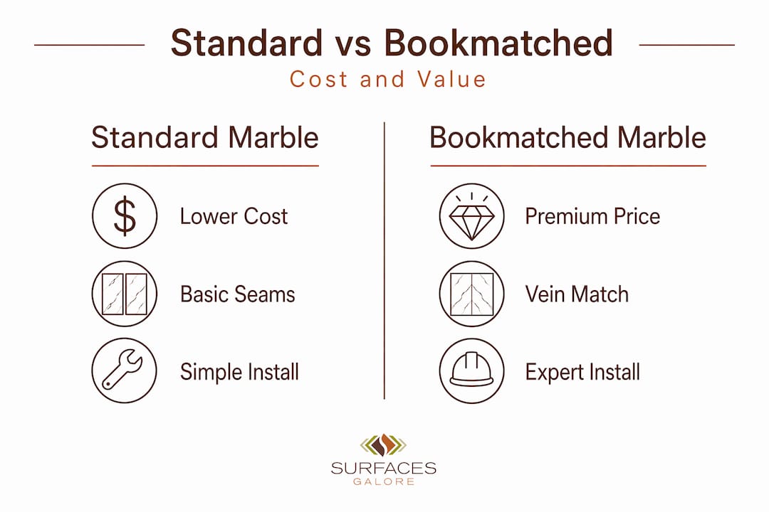 Infographic comparing standard and bookmatched marble costs and value