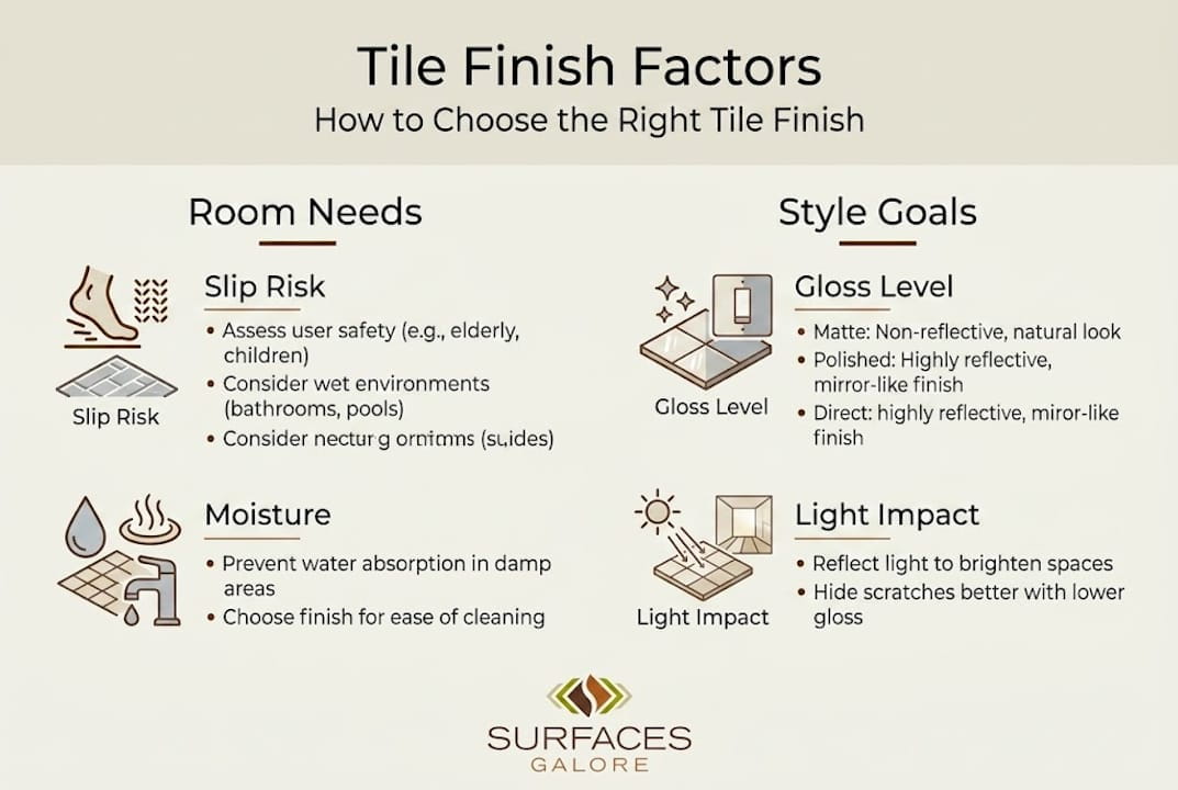 Infographic showing key factors for tile finish choices