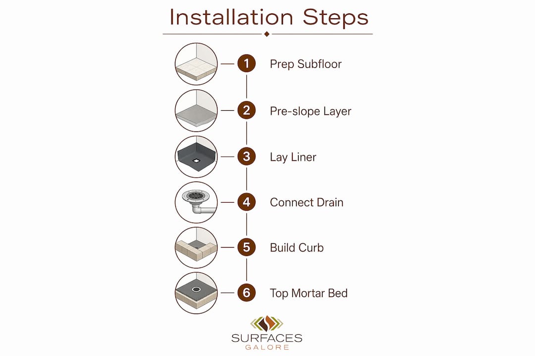 Infographic showing step-by-step shower pan installation process