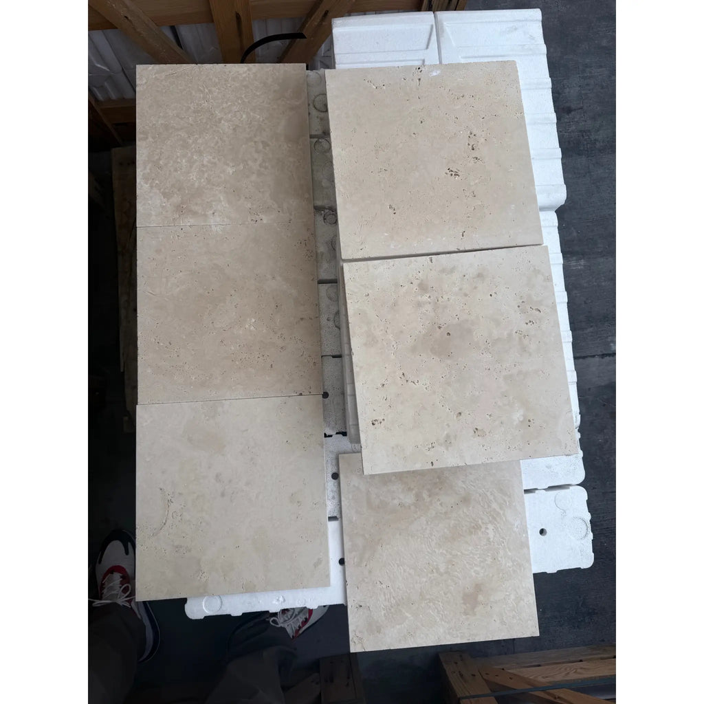 Beige Travertine tiles in Ivory Light Travertine 12x12 Cross-Cut Tumbled finish