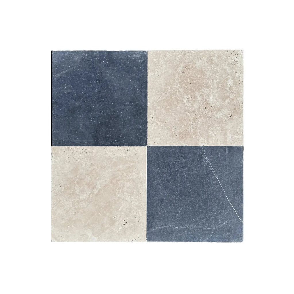 Ivory Light Travertine 12X12 Cross-Cut Tumbled four-square checkered tile design