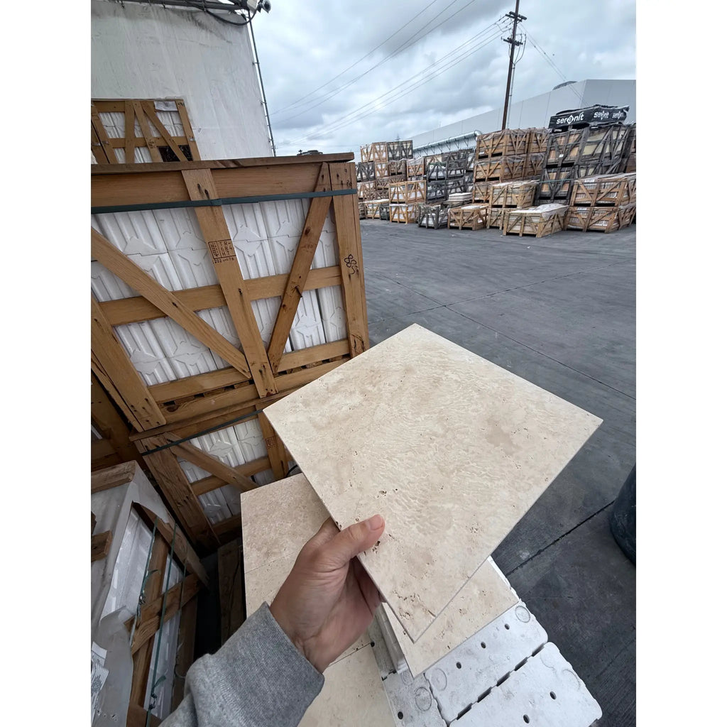 Ivory Light Travertine 12X12 Cross-Cut Tumbled Square Tiles for elegant flooring