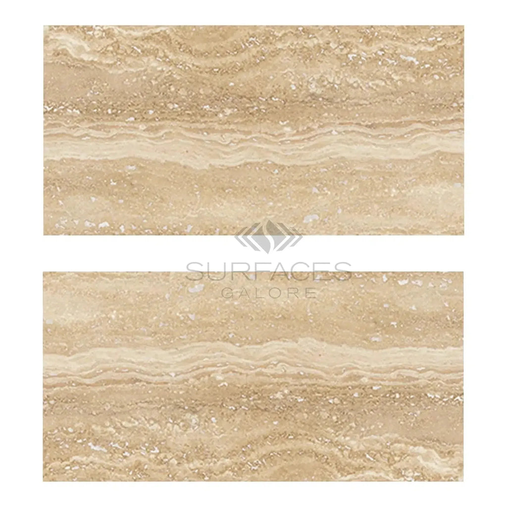 Two Ivory Travertine 12X24 tiles showcasing vein-cut, filled, and honed finish