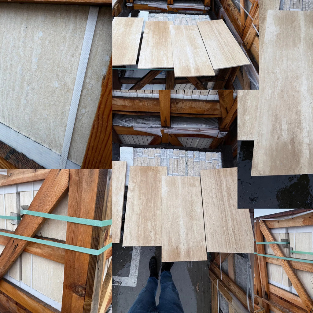 Ivory Travertine 12X24 Vein-Cut Filled and Honed tile pallets displayed for sale