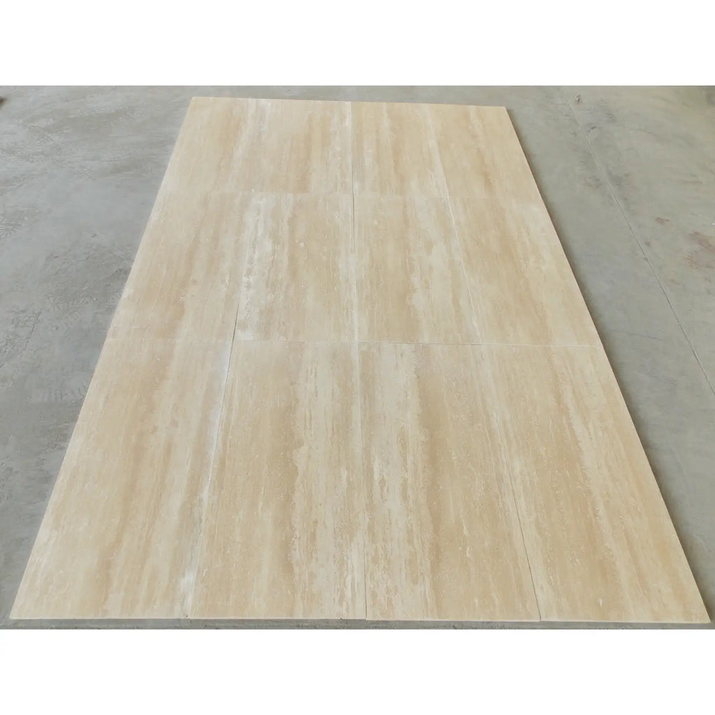 Beige ivory travertine 12x24 vein-cut stone tiles with natural veining and a smooth polished finish