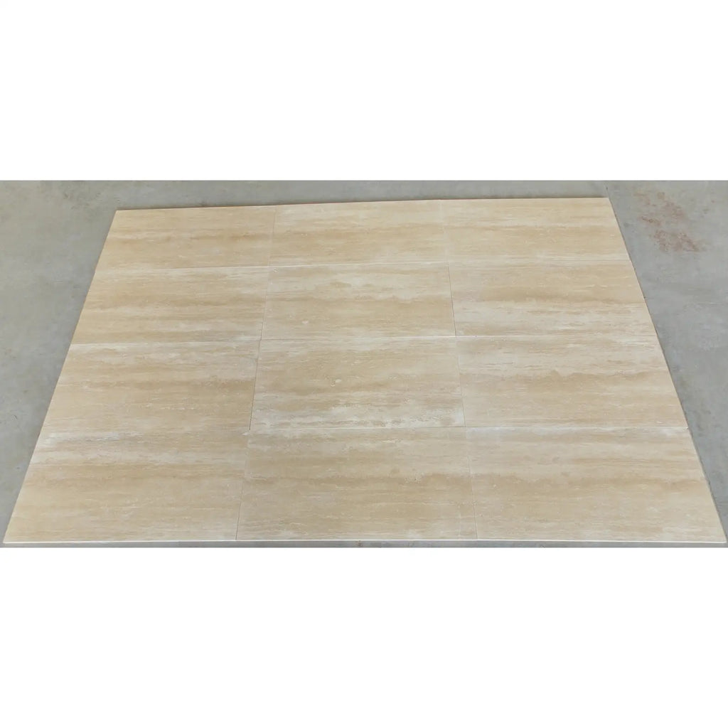 Ivory light travertine 12x24 vein-cut filled and polished beige stone-effect floor tiles with natural wood grain pattern