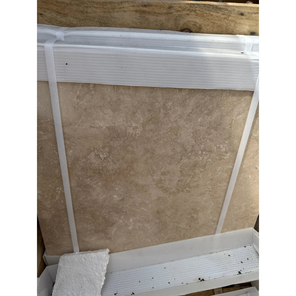 Ivory Travertine 18X18 Cross-Cut Filled and Honed with protective packaging displayed