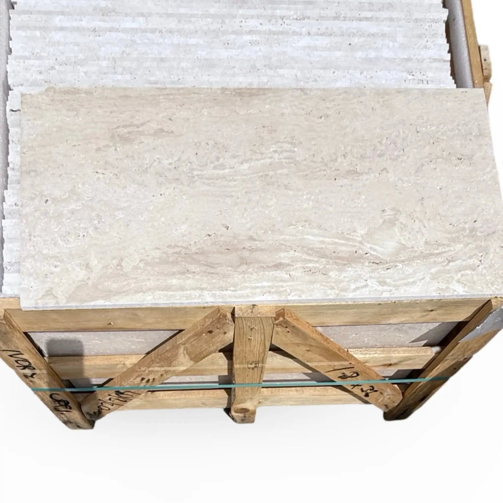Ivory Light Travertine 18X36 Vein-Cut Tile Pallet Display for Flooring and Design