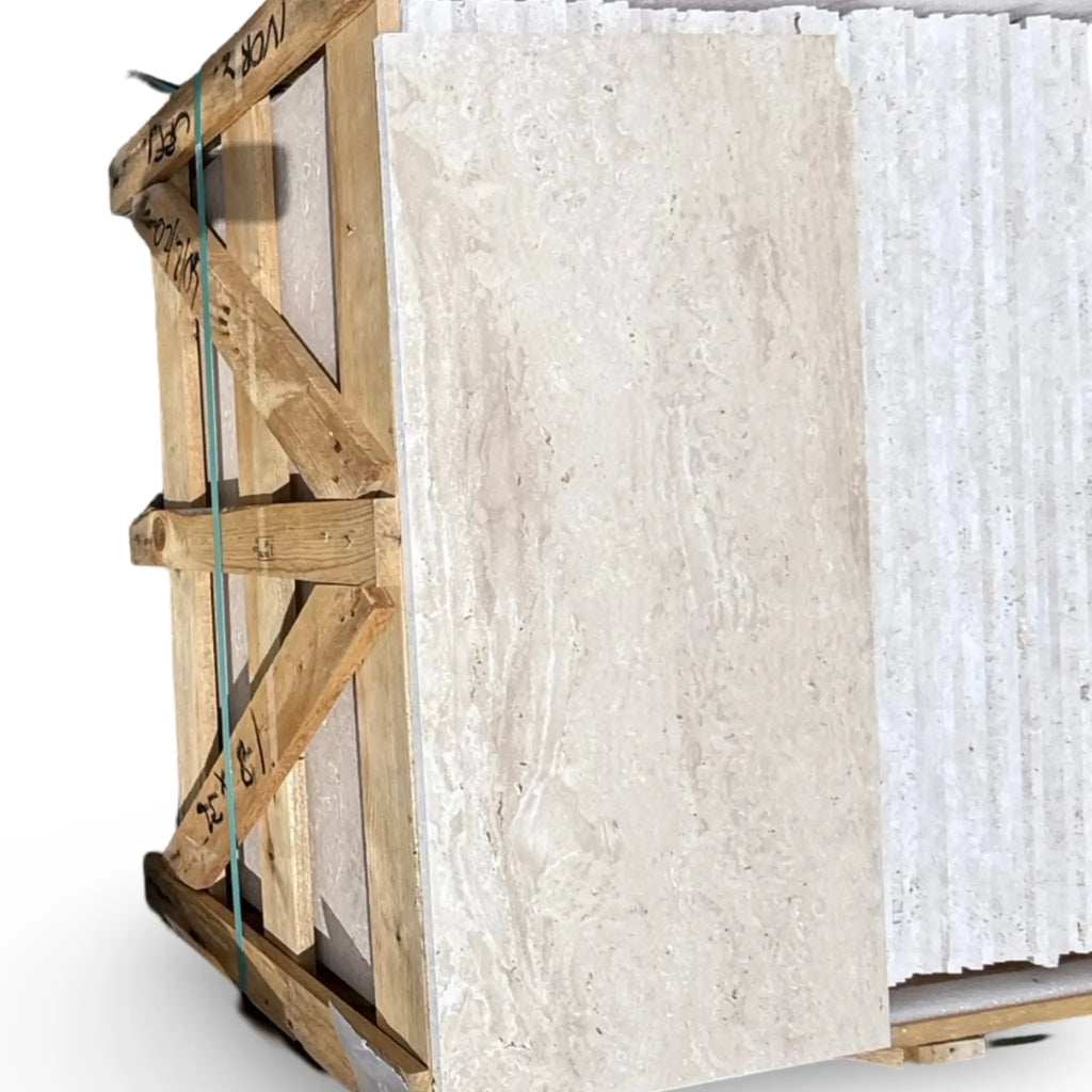 Ivory Light Travertine 18X36 Vein-Cut tile pallet showcasing elegant stone design