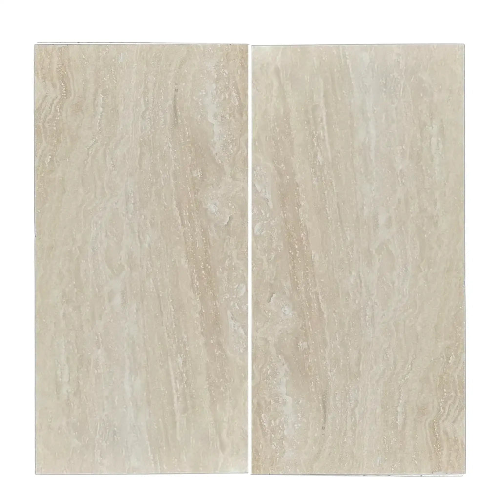 Two beige Ivory Travertine 18X36 vein-cut tiles showcasing elegant marble texture