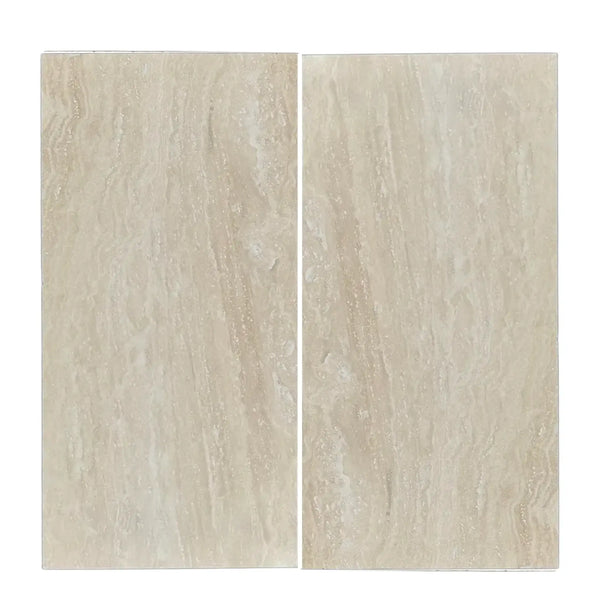 Two beige Ivory Travertine 18X36 vein-cut tiles showcasing elegant marble texture