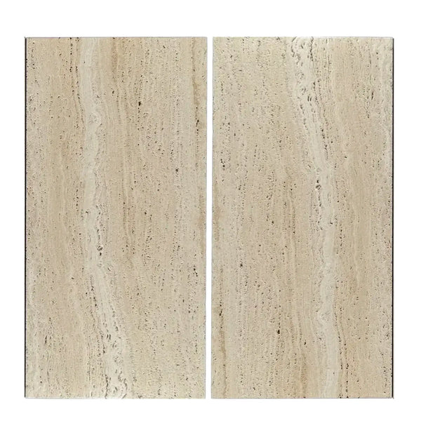 Two Ivory Light Travertine 18X36 Vein-Cut tiles showcasing elegant natural patterns