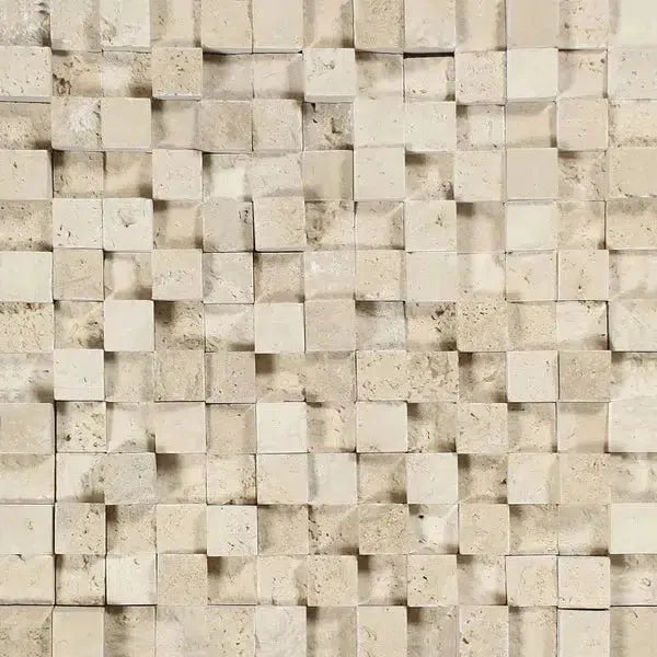 Textured beige stone cube mosaic in Ivory Travertine 1X1 Hi-Low Split-Faced design