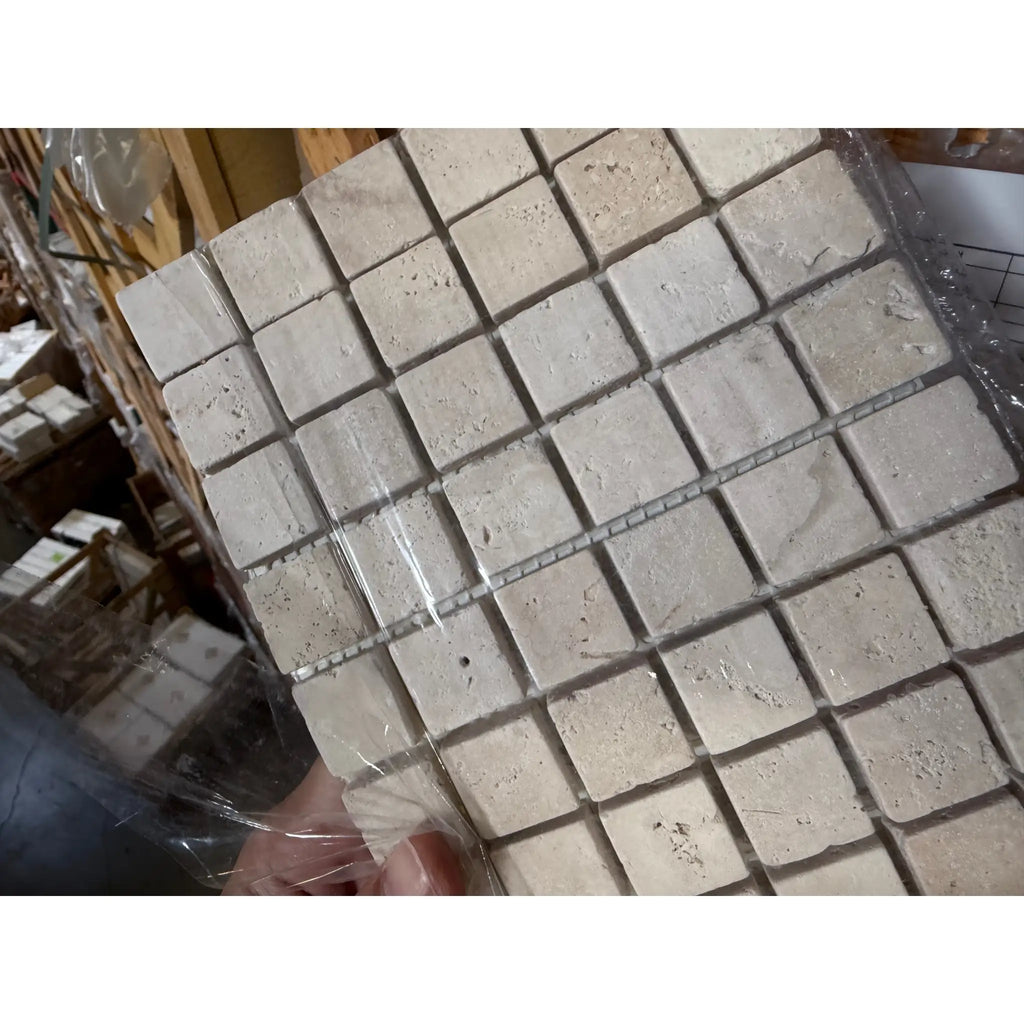 Ivory Light Travertine 1x1 Tumbled Mosaic Tile Sheet with Beige Stone Texture