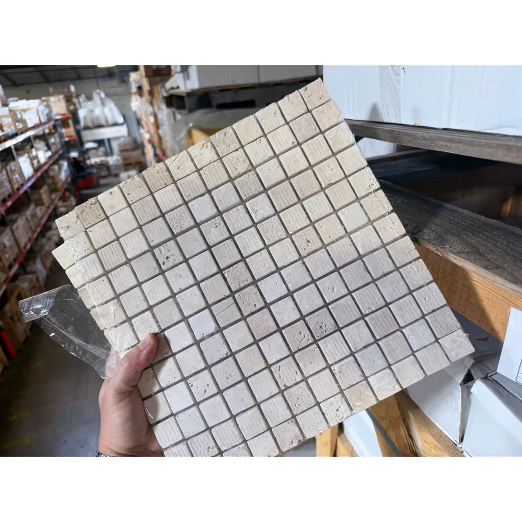 Ivory Light Travertine 1x1 Tumbled Mosaic Tile Panel