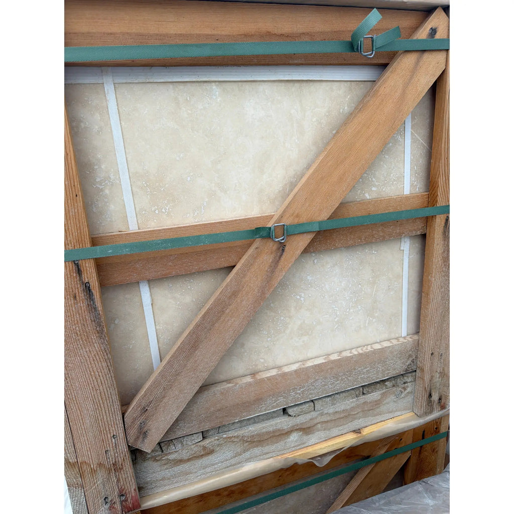 Rustic wooden-framed Ivory Travertine 24x24 canvas painting secured with green straps