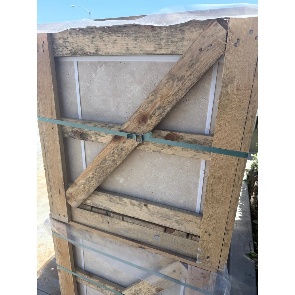 Wooden crate with strapping for Ivory Light Travertine 24X24 Cross-Cut Tiles