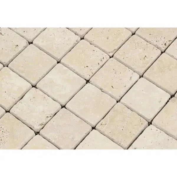 Tumbled travertine tile pattern in Ivory Light Travertine 2X2 Mosaic design