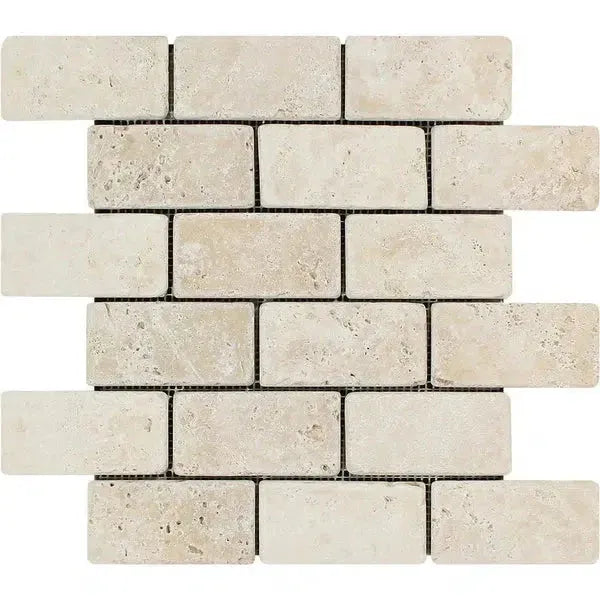 Beige Travertine Brick Mosaic Tile in Ivory Light Tumbled finish for elegant interiors