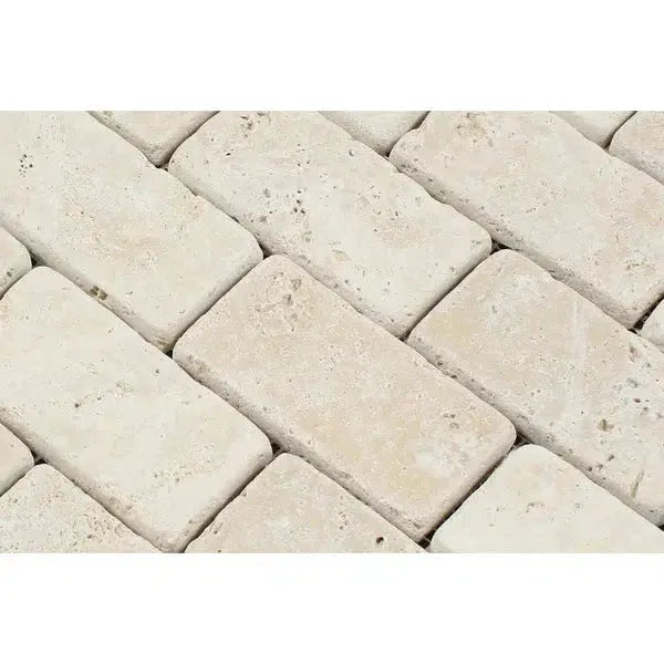 Ivory Light Travertine 2X4 Brick Mosaic Tumbled Rectangular Tiles Displayed Together