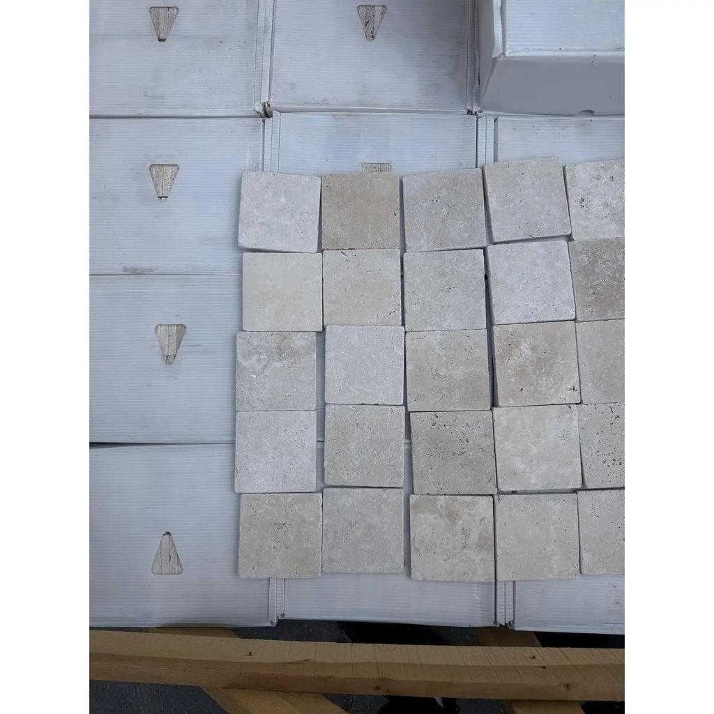 Square Ivory Travertine Tiles 4x4 Cross-Cut Tumbled for elegant flooring and accents